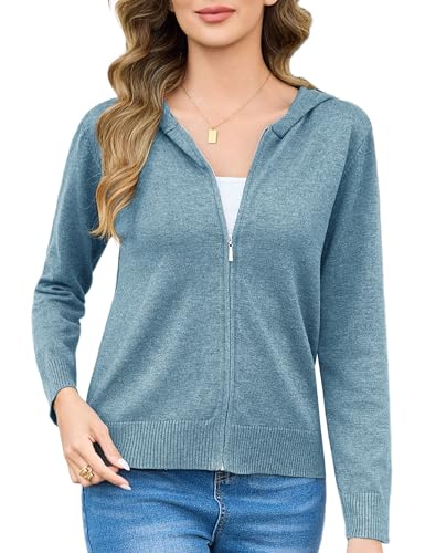 Aottori Strickjacke Damen Kurz Cardigan mit Kapuze Reißverschluss Langarm Kapuzenpullover Herbst Winter Jacke Elegant Casual Strickcardigan Pullover Outerwear Strickmantel Blau XL von Aottori