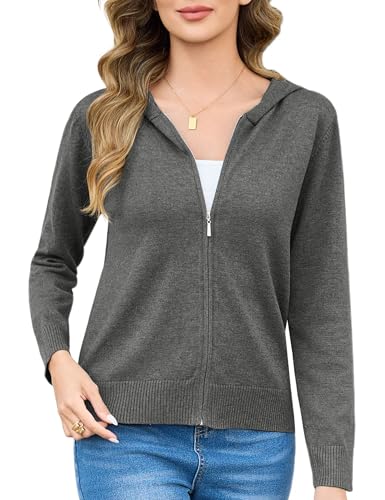 Aottori Strickjacke Damen Kurz Cardigan mit Kapuze Reißverschluss Langarm Kapuzenpullover Herbst Winter Jacke Elegant Casual Strickcardigan Pullover Outerwear Strickmantel Grau M von Aottori