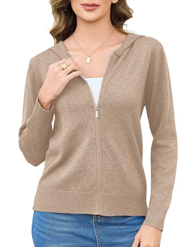 Aottori Strickjacke Damen Kurz Cardigan mit Kapuze Reißverschluss Langarm Kapuzenpullover Herbst Winter Jacke Elegant Casual Strickcardigan Pullover Outerwear Strickmantel Khaki L von Aottori
