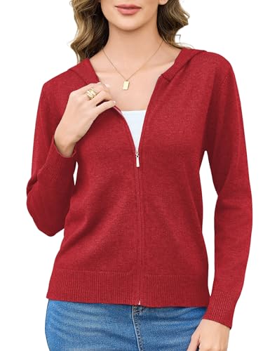 Aottori Strickjacke Damen Kurz Cardigan mit Kapuze Reißverschluss Langarm Kapuzenpullover Herbst Winter Jacke Elegant Casual Strickcardigan Pullover Outerwear Strickmantel Rot XL von Aottori
