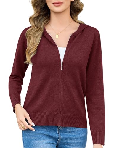 Aottori Strickjacke Damen Kurz Cardigan mit Kapuze Reißverschluss Langarm Kapuzenpullover Herbst Winter Jacke Elegant Casual Strickcardigan Pullover Outerwear Strickmantel Weinrot XL von Aottori