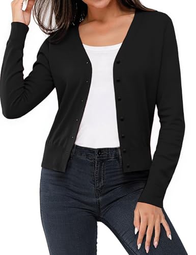 Aottori Strickjacke Damen Kurz Leichte Strick Cardigan Elegant Langarm Bolero V Ausschnitt Klassisch Strickmantel mit Knöpfen für Frühling Herbst Schwarz XXL von Aottori