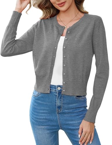 Aottori Strickjacke Damen Kurz Leichte Strick Cardigan Elegant Rundhalsstrickjacke Langarm Klassisch Strickmantel mit Knöpfen für Herbst Grau M von Aottori