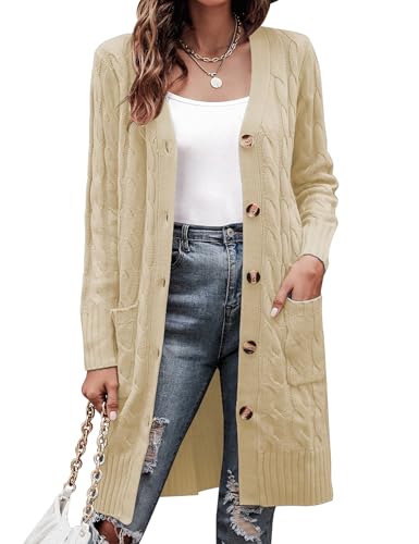 Aottori Strickjacke Damen Lang Elegant Cardigan Grobstrick Langarm Strickcardigan Open Front Pullover Strick mit Knöpfe und Taschen Beige XXL von Aottori