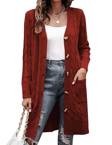 Aottori Strickjacke Damen Lang Elegant Cardigan Grobstrick Langarm Strickcardigan Open Front Pullover Strick mit Knöpfe und Taschen Weinrot XXL Aottori Strickjacke Damen Lang Elegant Cardigan Grobstrick Langarm Strickcardigan Open Front Pullover Strick mit Knöpfe und Taschen Weinrot XXL von Aottori