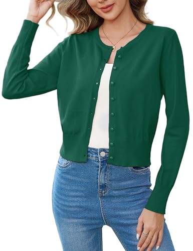 Aottori Strickjacke Damen Leichte Cardigan Langarm Kurz Bolero Sommer Rundhals Strickmantel Elegant mit Knöpfen Grün S von Aottori