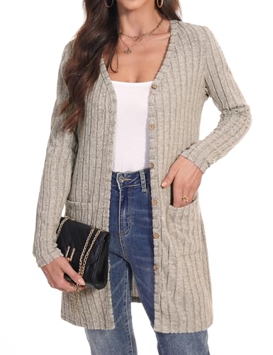 Aottori Strickjacke Damen lang Elegant Cardigan Langarm Open Front Longstrickjacke mit Knöpfen und Taschen Khaki M von Aottori