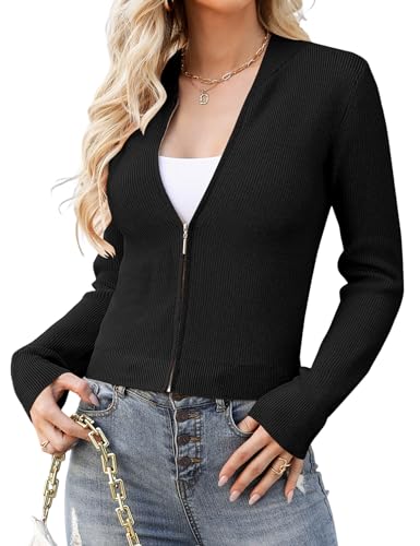 Aottori Strickjacke Damen mit Reissverschluss Stehkragen Kurz Cardigan Strickjacken Pullover Casual Einfarbig Strickmantel Freizeit Jacket Outerwear A-Schwarz XL von Aottori