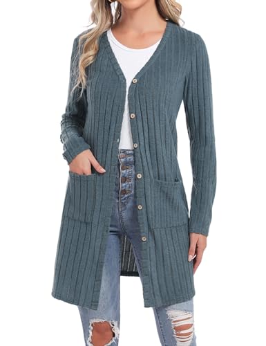 Aottori Strickjacken für Damen Elegant Cardigan Langarm Leicht Strickcardigan Lang Open Front Strickmantel mit Knöpfe und Taschen Blau L von Aottori