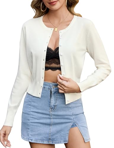 Aottori Strickjacken für Damen Kurz Bolero Elegant Festliche Cardigan Leicht mit Knöpfen Schulterjacke Langarm Brautjacke für Abendkleider Hochzeit Weiß XL von Aottori