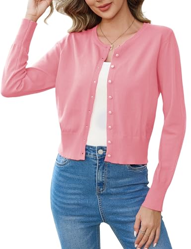 Aottori Strickjacken für Damen Kurz Bolero Elegant Festliche Cardigan Leicht mit Knöpfen Schulterjacke Langarm Brautjacke für Abendkleider Rosa L von Aottori