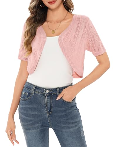 Aottori Strickjacken für Damen Kurz Bolero Elegant Festliche Cardigan Sommer Leicht Schulterjacke Kurzarm Brautjacke Abendkleid Hochzeit Rosa M von Aottori