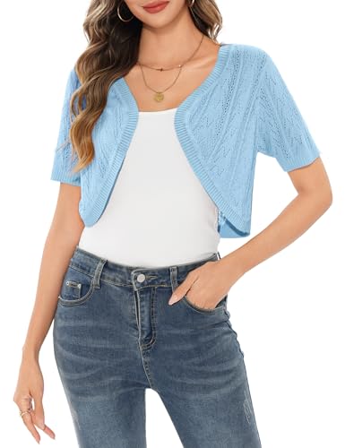 Aottori Strickjacken für Damen Kurz Bolero Elegant Festliche Cardigan Sommer Leicht Schulterjacke Kurzarm Brautjacke für Abendkleider Hochzeit Blau XXL von Aottori