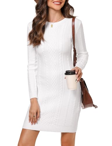Aottori Strickkleid Damen Winter Strickkleider Winterkleid Pulloverkleid Herbst Langarm Elegant Rundhals Lang Kleider Weiß XL von Aottori