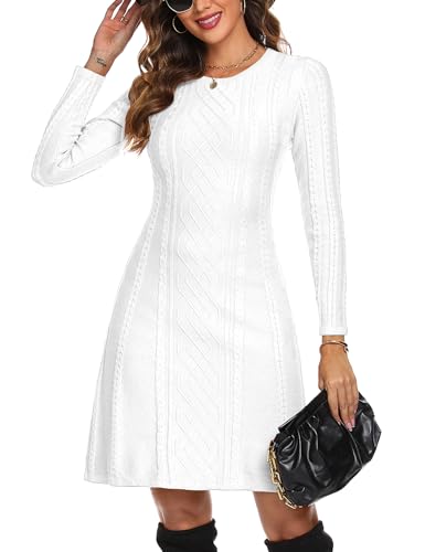Aottori Strickkleid Damen Pulloverkleid Lange Winterkleid Pullover Herbst Winter Warme Minikleid Abendkleid Knielang Lässig Mode Sweatkleid Stickerei Pulli Elegant Weihnachtskleid Partykleid Weiß XXL von Aottori