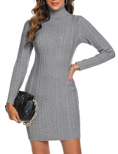 Aottori Strickkleid Damen Rollkragen Pullover Kleid Elegant Pulloverkleid Langarm Winterkleid Warm Strickpullover Freizeit Pullikleid Stretch Herbst Winter Dunkelgrau XL von Aottori