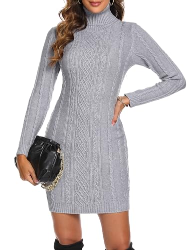 Aottori Strickkleid Damen Rollkragen Pullover Kleid Elegant Pulloverkleid Langarm Winterkleid Warm Strickpullover Freizeit Pullikleid Stretch Herbst Winter Grau L von Aottori