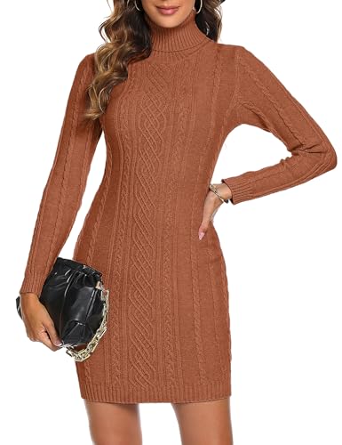 Aottori Strickkleid Damen Rollkragen Pullover Kleid Elegant Pulloverkleid Langarm Winterkleid Warm Strickpullover Freizeit Pullikleid Stretch Herbst Winter Karamell XL von Aottori