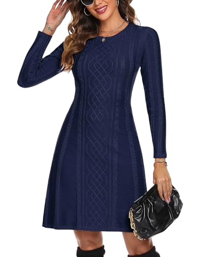 Aottori Strickkleid Damen Rundkragen Winterkleid Langarm Warm Pullikleid mit Zopfmuster A-Linie Midikleid für Herbst Winter Marine S von Aottori