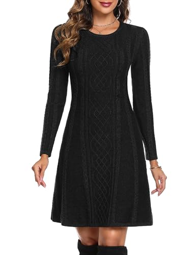 Aottori Strickkleider Damen Pulloverkleid Elegante Pullover Rundkragen Winterkleid Casual Langarm Minikleid Strickkleider Tunika Kleid Sweater Kleid Schwarz M von Aottori