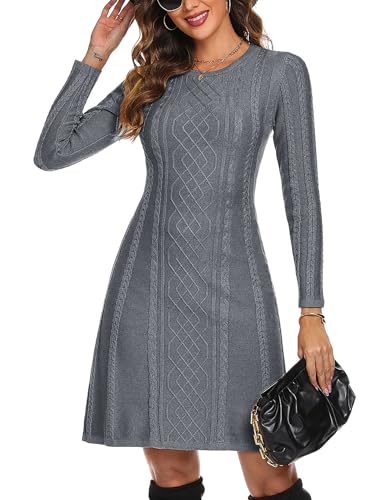 Aottori Strickkleider Damen Strickkleid Elegant A Linie Kleid Pulloverkleid Rundkragen Winterkleid Pullover Casual Langarm Minikleid Strickpullover für Party Freizeit Cocktail Sweater Kleid Grau M von Aottori