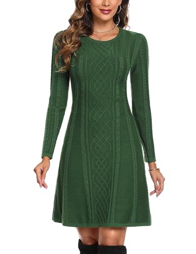 Aottori Strickkleider Damen Strickkleid Elegant A Linie Kleid Pulloverkleid Rundkragen Winterkleid Pullover Casual Langarm Minikleid Strickpullover für Party Freizeit Cocktail Sweater Kleid Grün L von Aottori