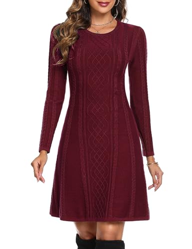 Aottori Strickkleider Damen Strickkleid Elegant A Linie Kleid Pulloverkleid Rundkragen Winterkleid Pullover Casual Langarm Minikleid Strickpullover für Party Freizeit Cocktail Sweater Kleid Weinrot S von Aottori