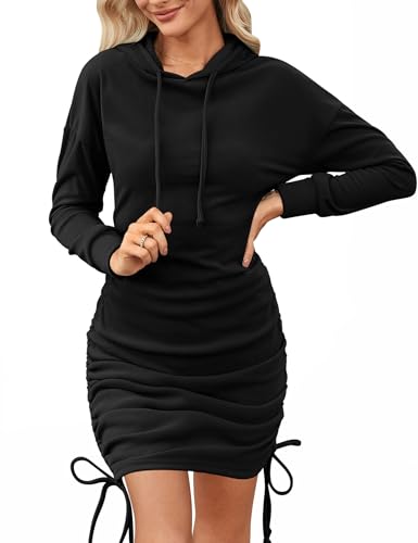Aottori Sweatkleid Damen Herbst Kapuzenpullover Kleider Lang Pulloverkleid Langarm Hoodiekleider mit Kapuze Winterkleid Warm Longpullover Winter Schwarz S von Aottori