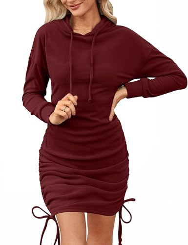 Aottori Sweatkleid Damen Herbst Kapuzenpullover Kleider Lang Pulloverkleid Langarm Hoodiekleider mit Kapuze Winterkleid Warm Longpullover Winter Weinrot M von Aottori