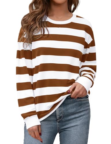 Aottori Sweatshirt Damen Streifen Baumwolle Pullover Langarm Rundhals Langarmshirt Oversize Oberteile Locker Elegant Tops Herbst Winter Casual Braun L von Aottori