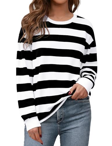 Aottori Sweatshirt Damen Streifen Baumwolle Pullover Langarm Rundhals Langarmshirt Oversize Oberteile Locker Elegant Tops Herbst Winter Casual Schwarz L von Aottori