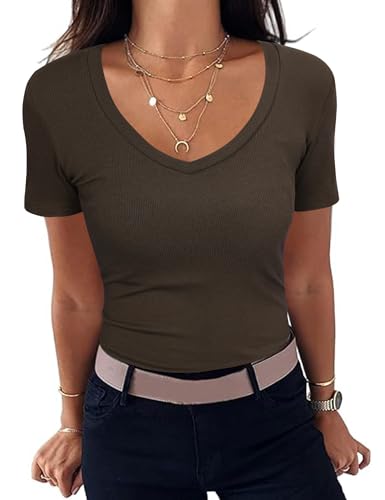 Aottori T-Shirt Damen V Ausschnitt Sommer Shirt Gerippt Slim Fit Oberteile Kurzarm Casual Bluse Basic Tops Braun M von Aottori