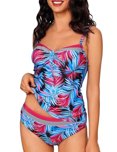 Aottori Tankini Damen Bauchweg Bademode Zweiteiler Badeanzug Push Up Swimsuit Sexy Elegant Tankini Set Oberteil mit Badeshorts Freizeit Urlaub Poolparty Blau Rosa XL von Aottori