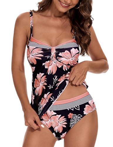 Aottori Tankini Damen Bauchweg Bademode Zweiteiler Badeanzug Push Up Swimsuit Sexy Elegant Tankini Set Oberteil mit Badeshorts Freizeit Urlaub Poolparty Rosa Schwarz L von Aottori