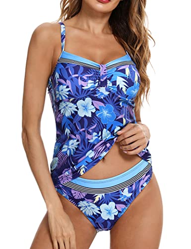 Aottori Tankini Damen Set Badeanzug Zweiteilig V-Ausschnitt Bademode Bauchweg Beachwear Push Up Badeanzüge Sommer Tankini Oberteil mit Badeshorts Blau XL von Aottori