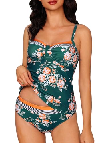 Aottori Tankini Damen Set Badeanzug Zweiteilig V-Ausschnitt Bademode Bauchweg Beachwear Push Up Badeanzüge Sommer Tankini Oberteil mit Badeshorts Grün Blume XXL von Aottori