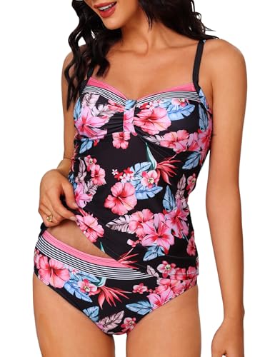Aottori Tankini Damen Set Badeanzug Zweiteilig V-Ausschnitt Bademode Bauchweg Beachwear Push Up Badeanzüge Sommer Tankini Oberteil mit Badeshorts Schwarz Blume M von Aottori