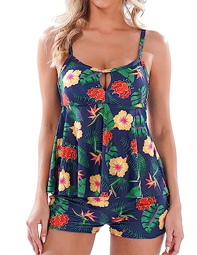 Aottori Tankini Damen Bauchweg Zweiteilig Badeanzug Push up Bademode Badeanzüge High Waist Tankini Set Swimsuit Beachwear mit Badeshorts Grün Gelb L von Aottori