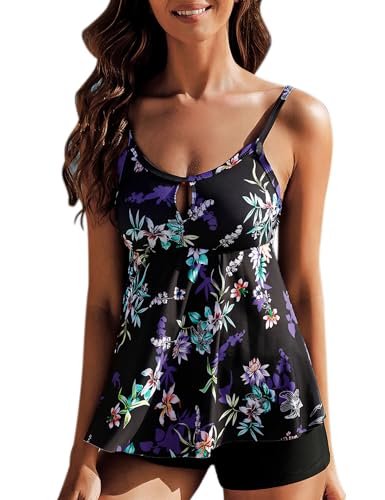 Aottori Tankini Damen Bauchweg Bademode Set Damen Freizeit Tankini Badeanzug Zweiteiler Tankinis Set Sommer Elegant Badeanzüge für Damen Tankini Oberteil mit Badeshorts Schwarze Blume S von Aottori