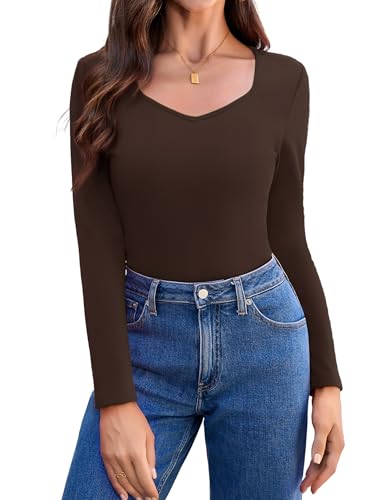 Aottori Thermo Langarmshirt Damen Fleece Oberteil V-Ausschnitt Fleeceshirt Langarm Stretch Unterhemd Warm Elegant Pullover Winter Weich Bequem Braun M von Aottori