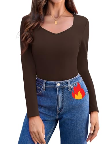 Aottori Thermo Oberteile Damen Shirt Langarm Warm Thermounterwäsche Slim Fit Unterhemd Elegant Basic Langarmshirt mit Sweetheart Ausschnitt Skiunterwäsche Einfarbig Braun S von Aottori