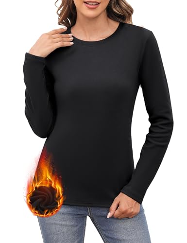 Aottori Thermo Oberteile Damen Winter Pullover Langarm Rundhals Langarmshirt Warme Fleece Thermounterwäsche Slim Fit Unterhemd Basic Thermoshirt Schwarz L von Aottori