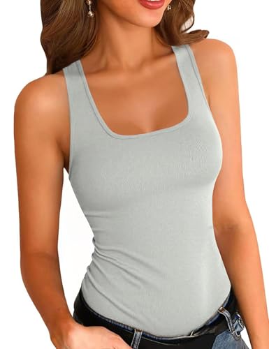 Aottori Top Damen Sommer Basic Tank Top Baumwolle Longtops Elegant Lang Oberteile Gerippt Slim Fit Tops Grau XXL von Aottori