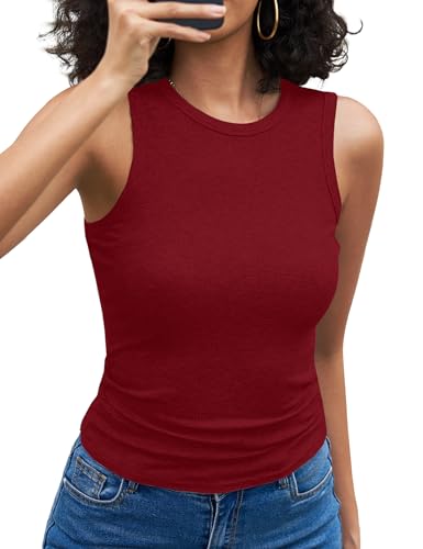 Aottori Tops für Damen Rundhals Tank Top Sommer Gerippt Oberteile Ärmellos Slim Fit Gerippt Basic Tanktops Casual Einfarbig Rot XL von Aottori