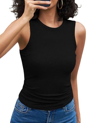 Aottori Tops für Damen Rundhals Tank Top Sommer Gerippt Oberteile Ärmellos Slim Fit Gerippt Basic Tanktops Casual Einfarbig Schwarz S von Aottori
