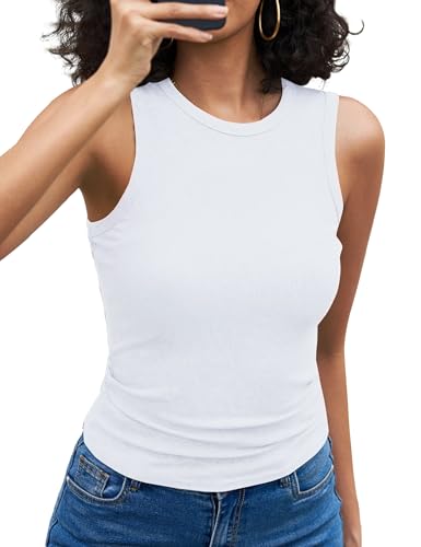 Aottori Tops für Damen Rundhals Tank Top Sommer Gerippt Oberteile Ärmellos Slim Fit Gerippt Basic Tanktops Casual Einfarbig Weiß S von Aottori