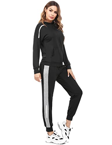 Aottori Traingsanzug Damen Jogginganzug Zweiteiler Set Frauen Sportanzug Freizeitanzug Fitness Zipper Hoodie Sweatshirt + Lange Hose Streetwear Outfit Sport Bekleidungsset Schwarz XXL von Aottori