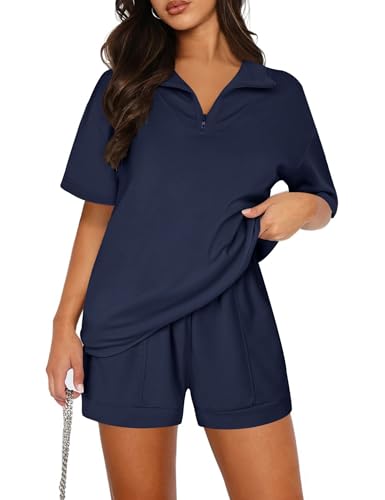 Aottori Trainingsanzug Damen Kurz Sportanzüge Sommer Sweatsuit Kurzarm Einfarbig 2 Teilig Lose Streetwear Set Baumwolle Top mit Reißverschluss und Jogginghose Dunkelblau L von Aottori