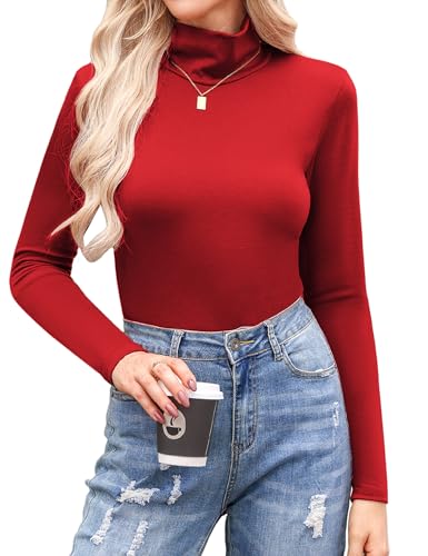 Aottori Unterziehrolli Damen Rollkragen Rollkragenshirt Baumwolle Dünn Tshirt Langarm Unterziehshirt Eng Thermoshirt Turtleneck Unterziehpulli Leicht Rot S von Aottori