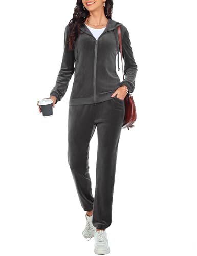 Aottori Velours Trainingsanzug Damen Schlafanzug Zweiteilige Jogginganzug Sportanzug Winter V Ausschnitt Pullover und Hose Nicki Hausanzug Pyjama Set Grau S von Aottori